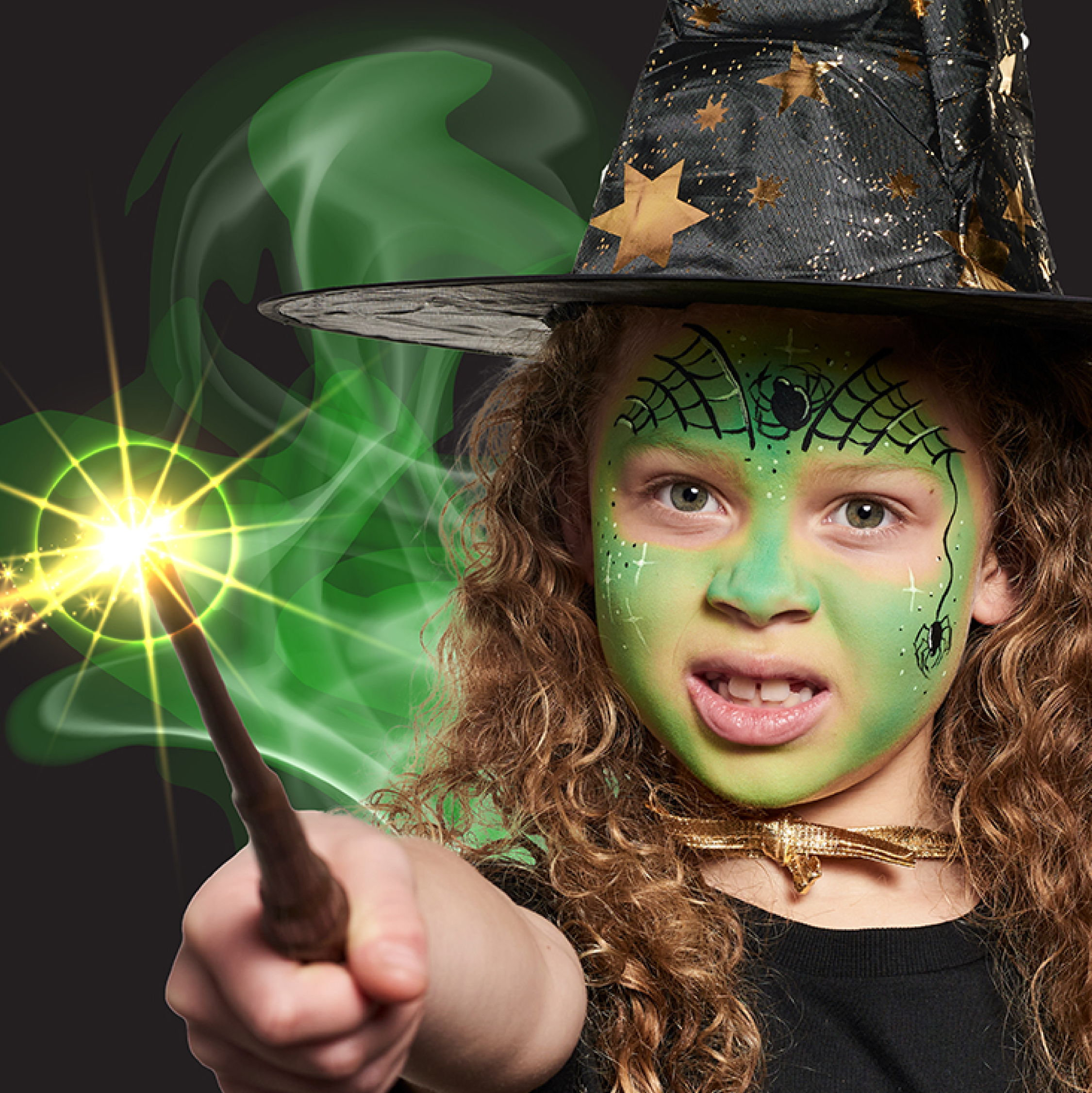 A lifestyle image of Snazaroo Face Paint in use for a witch costume.