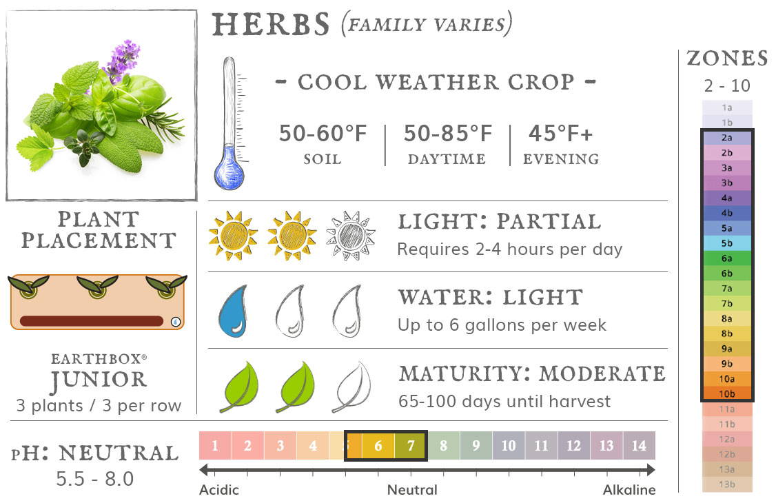 Herbs are a cool weather crop best grown in zones 2 to 10. They require 2-4 hours sun per day, up to 6 gallons of water per week, and take 65-100 days until harvest. Place 3 plants, 3 per row, in an EarthBox Junior