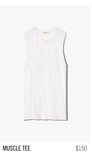 White sleeveless muscle tee displayed with price and label.