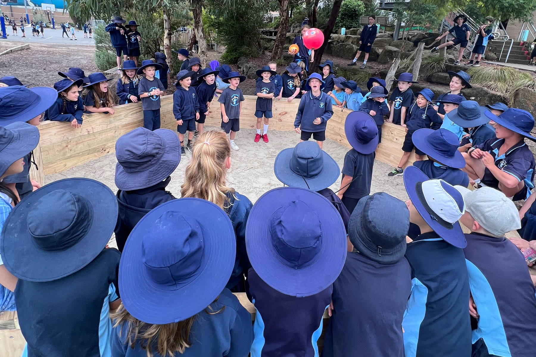 Ivanhoe East Primary students having fun playing with a ball in a Gaga pit