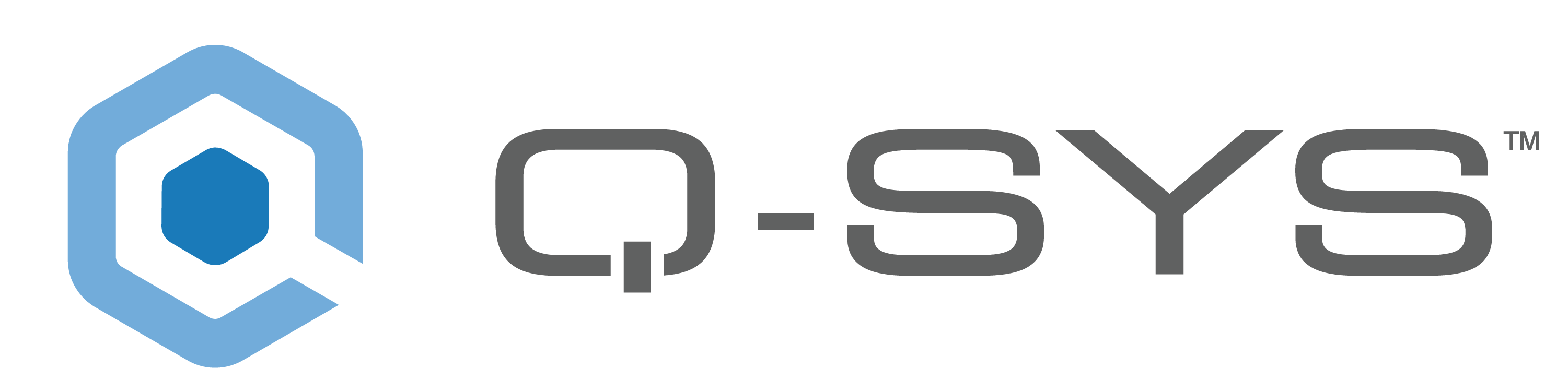 Q-SYS logo featuring a blue hexagon and stylized text.