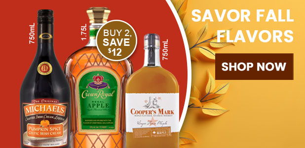 Three bottles of liquor with a fall-themed promotion.