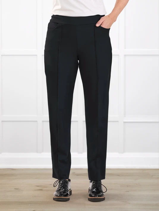 Close up of Miik's christal pintuck pant in black