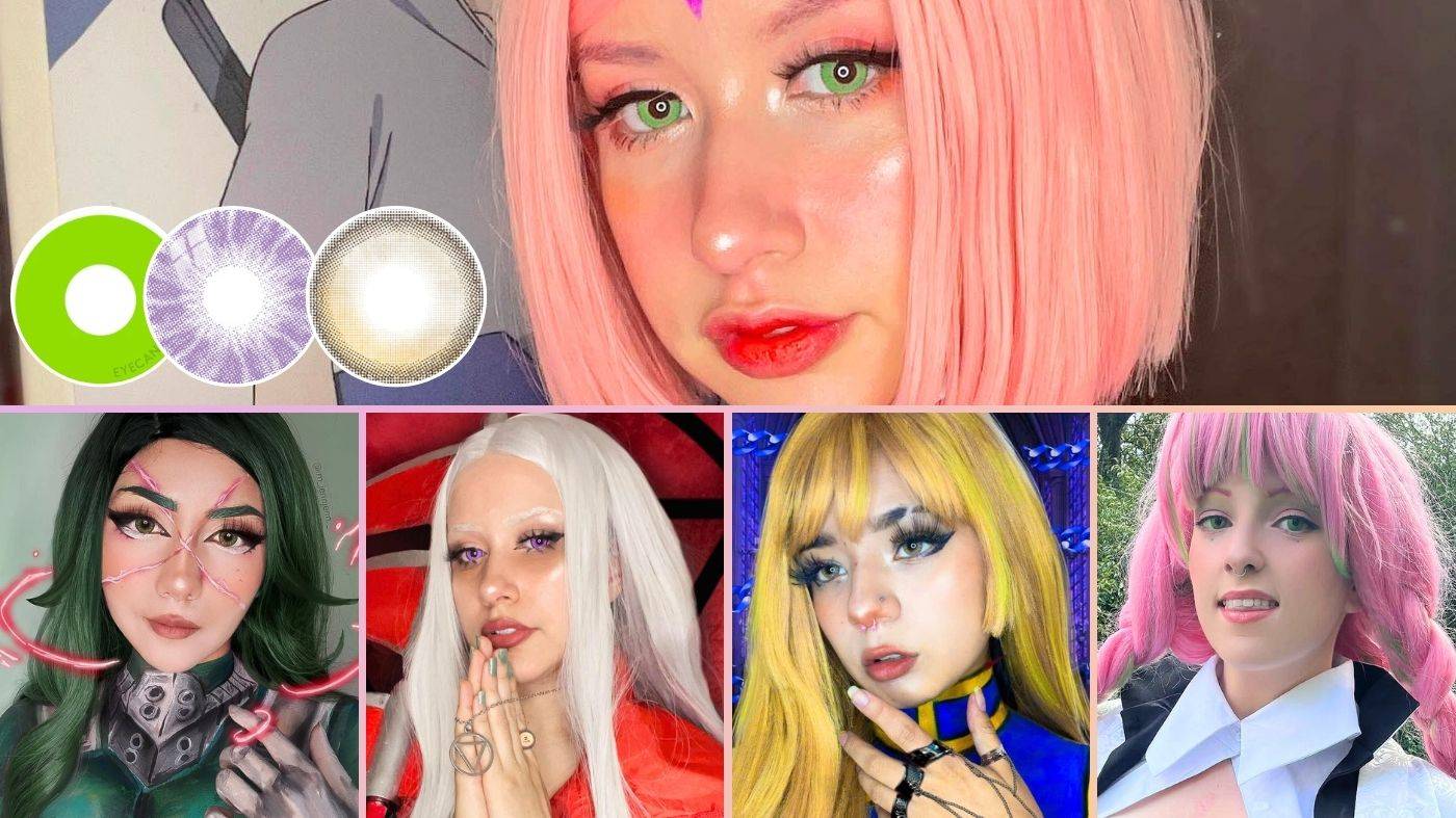 Collage of different cosplayers wearing colored contacts for cosplay