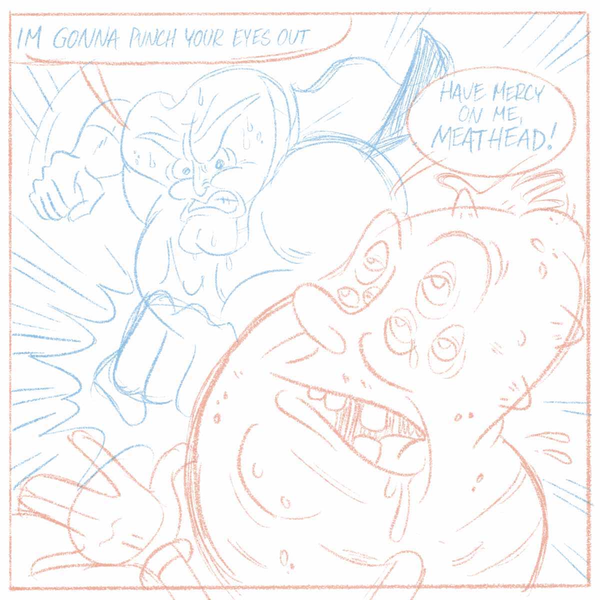 Sketched comic panel with blue and red pencil