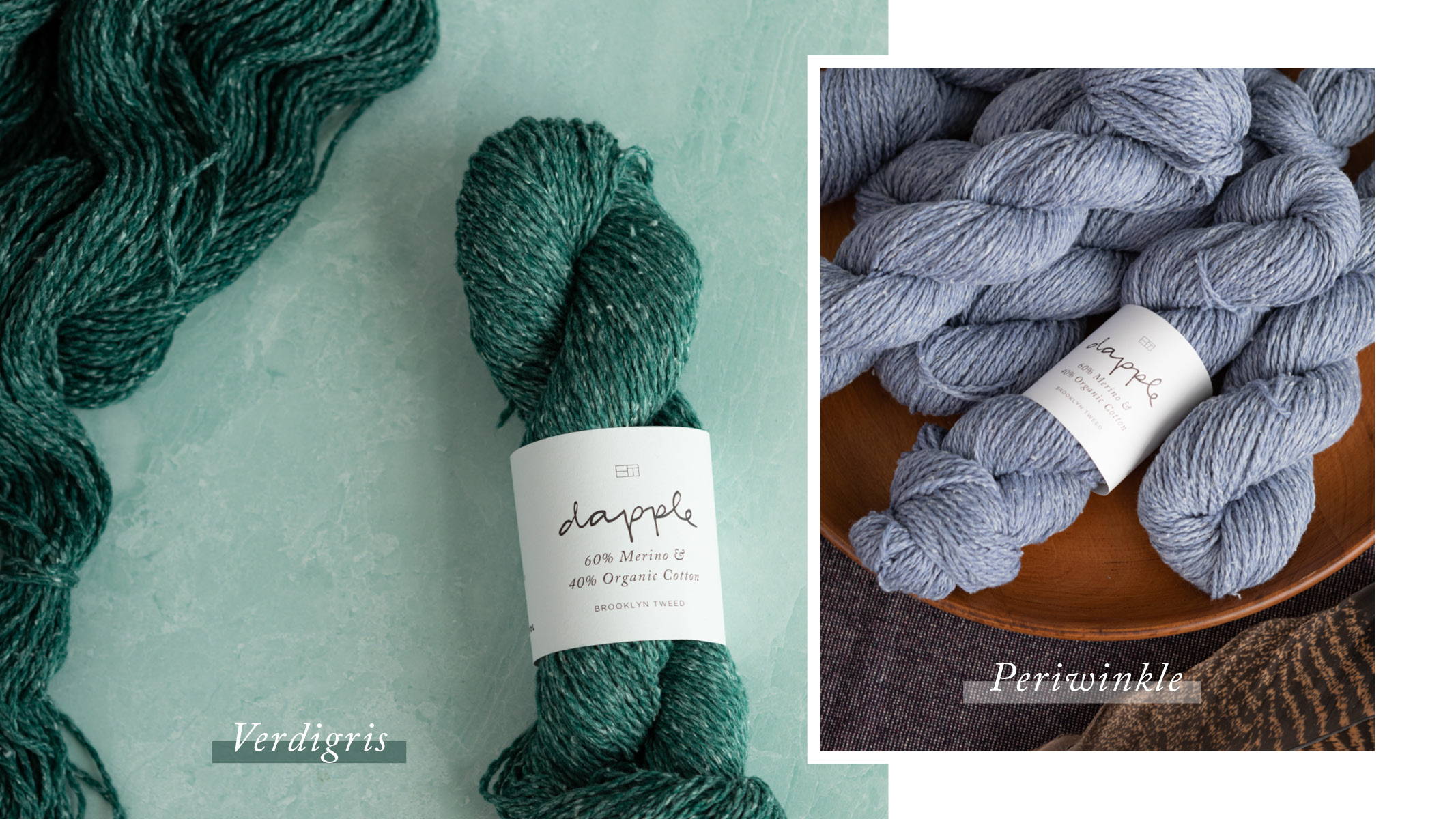 Right: A pile of 6-7 skeins of Dapple Periwinkle sitting on a wooden plate. Left: Single skein of Dapple Verdigris with label next to waves of loose yarn in the same colorway.