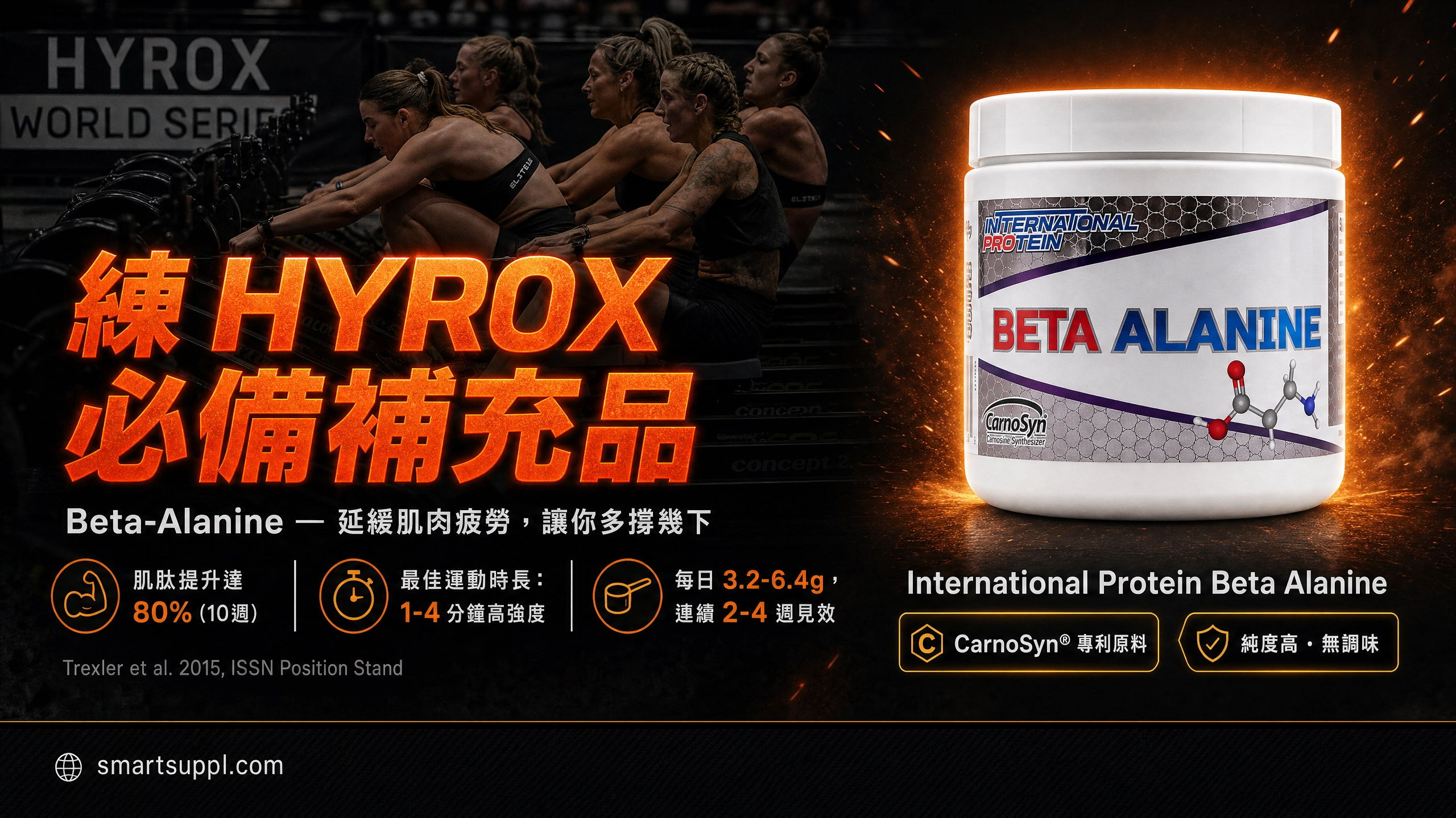 HYROX Beta-Alanine protein supplement advertisement with product image and promotional text.