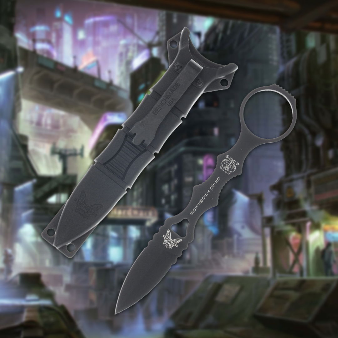 Two futuristic knives against a cyberpunk city background.