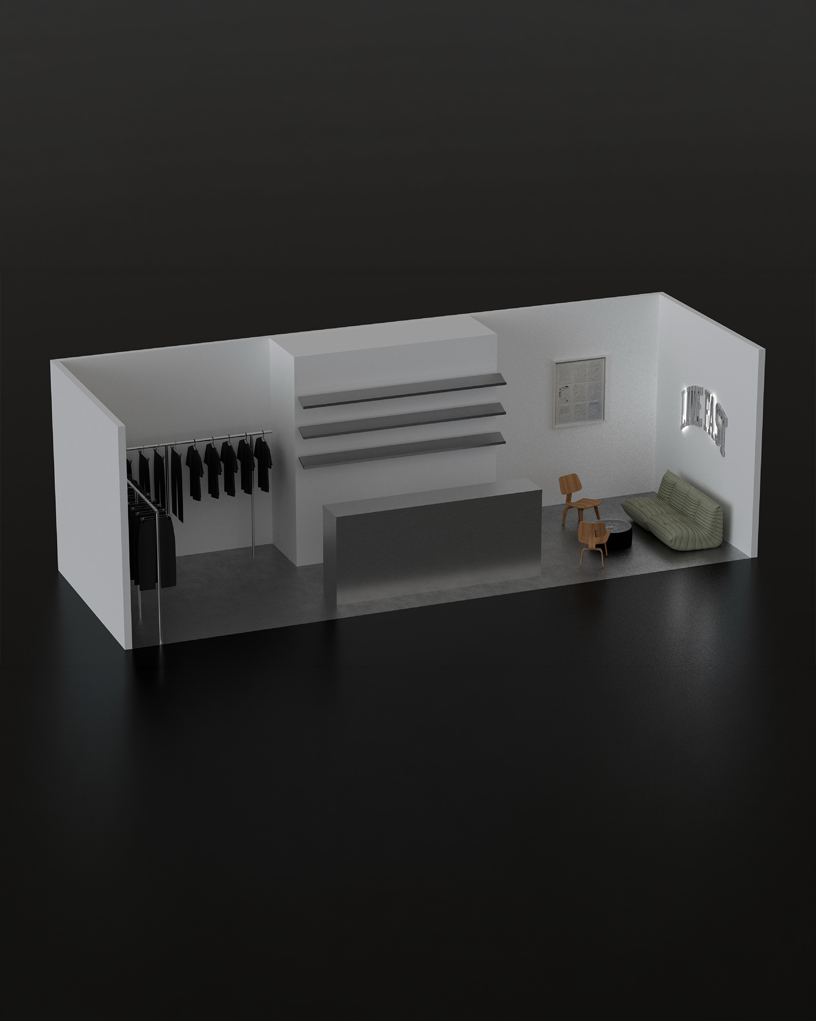 Minimalist room with shelves, clothing rack, chair, and sofa.