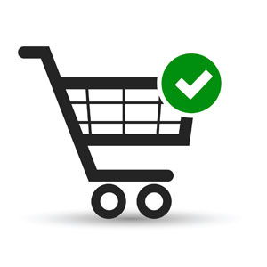 Shopping cart icon with a green check mark.