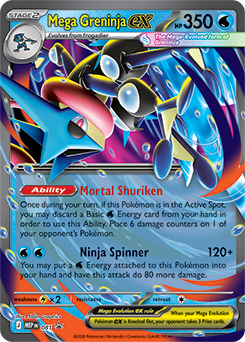 Mega Greninja EX Pokémon card featuring abilities and attack details.