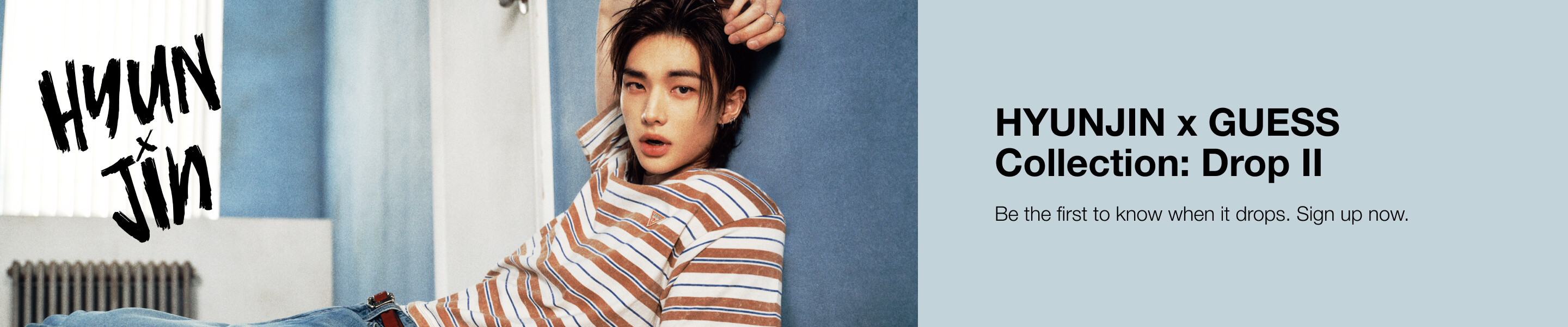 Hyunjin in striped shirt promoting Hyunjin x Guess Collection Drop II.