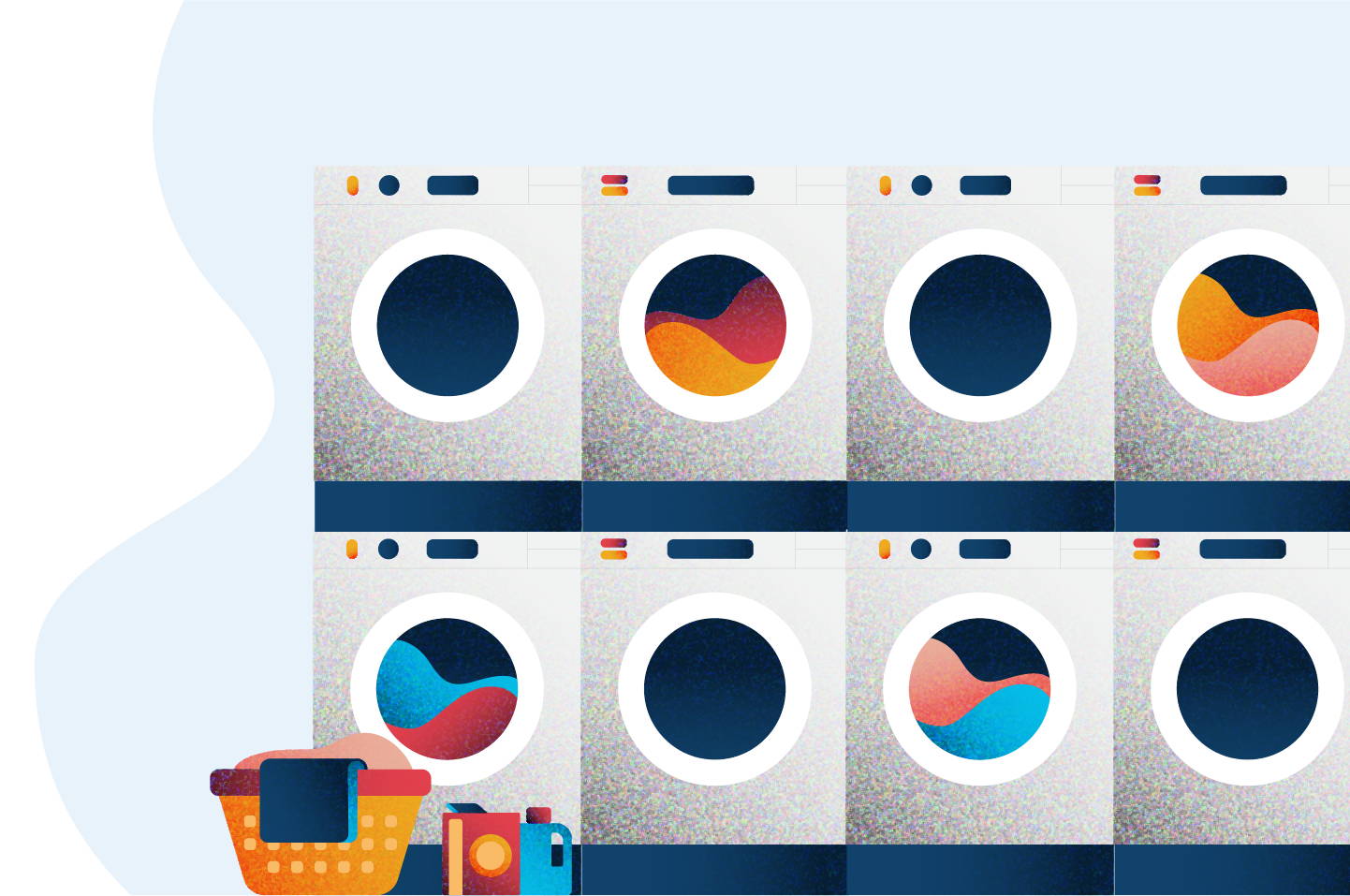 illustration showing a stack of commercial washers and dryers at a laundromat.
