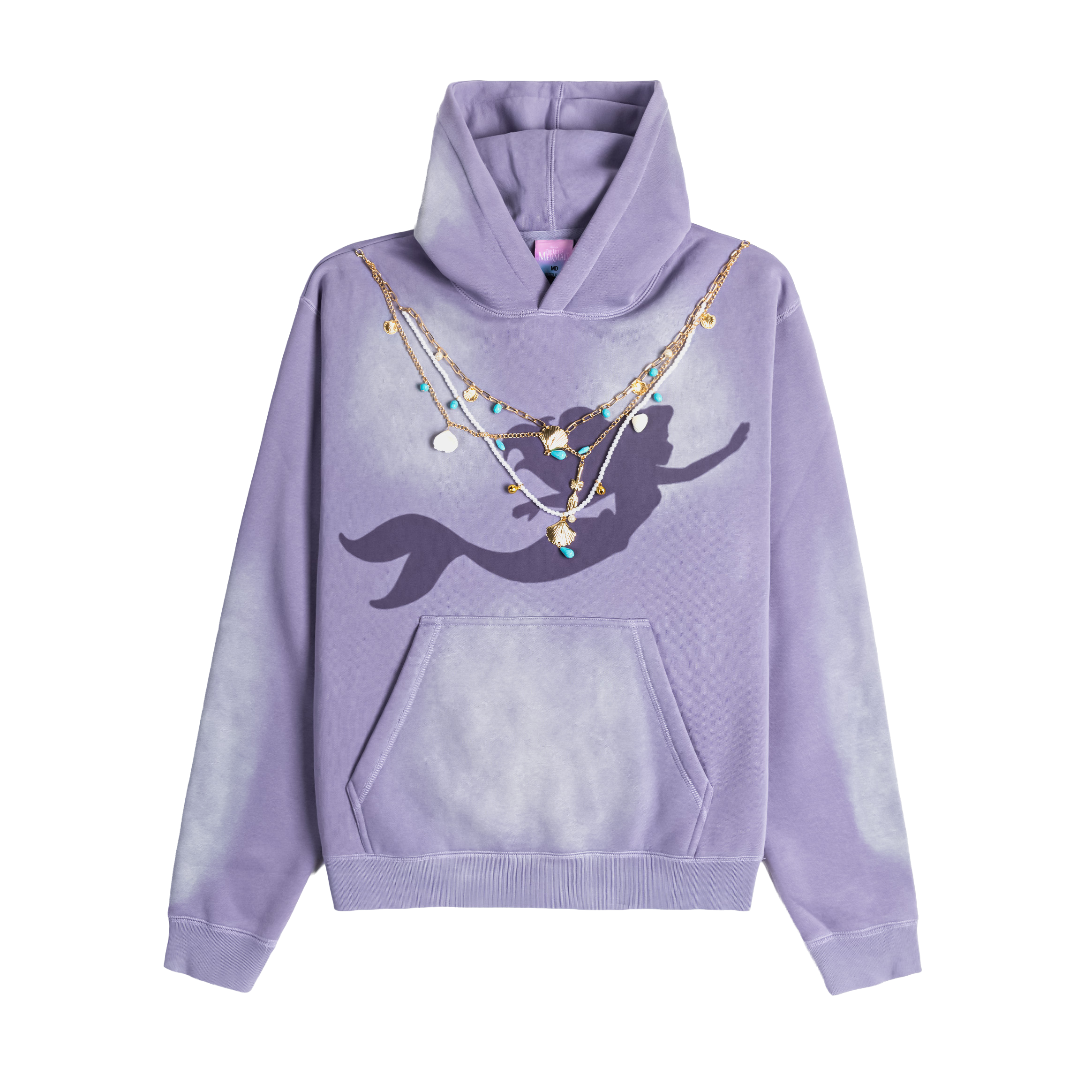 Purple hoodie with a mermaid graphic and decorative chains.