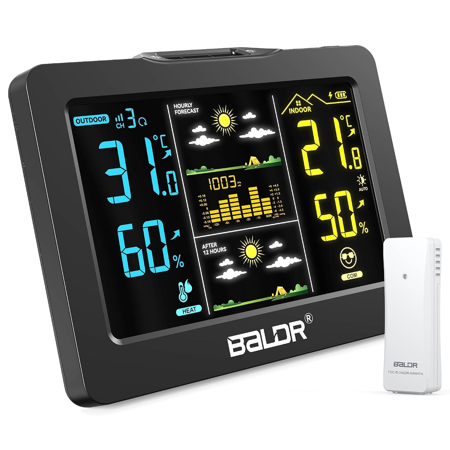 Digital weather station with multiple display readings and external sensor.