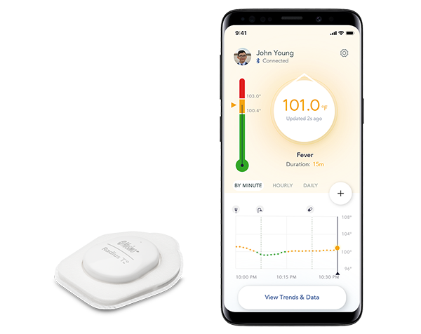 Radius-T continuous Thermometer next to Phone displaying accompanying app