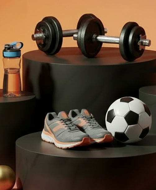 Sports equipment including dumbbells, running shoes, a soccer ball, and a water bottle.