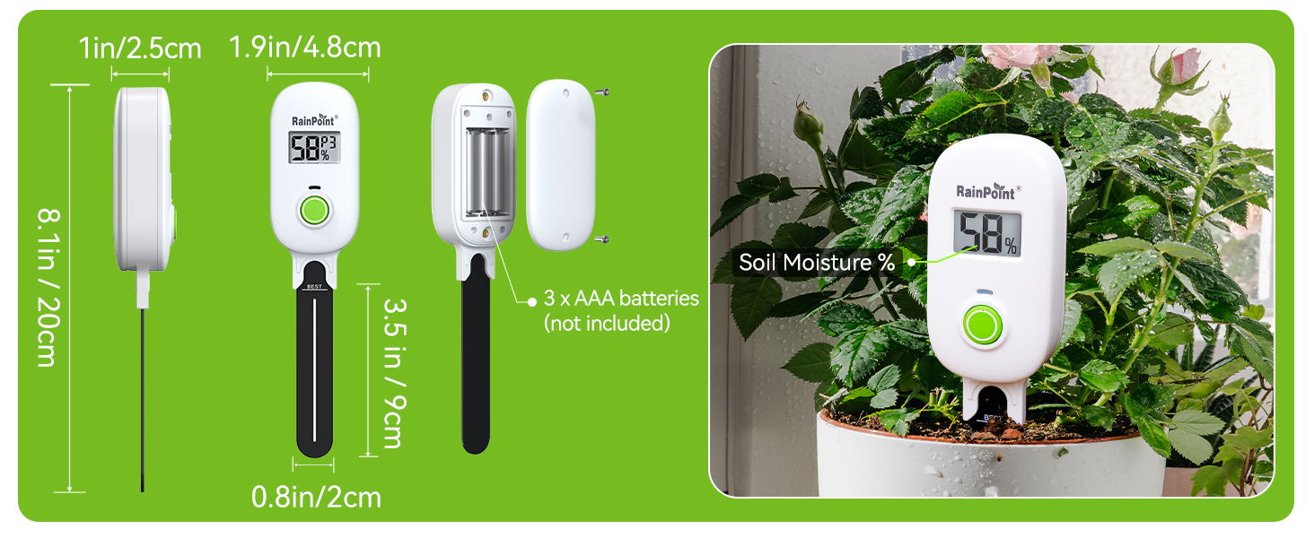 Three soil moisture meters displayed on a green background next to a plant.