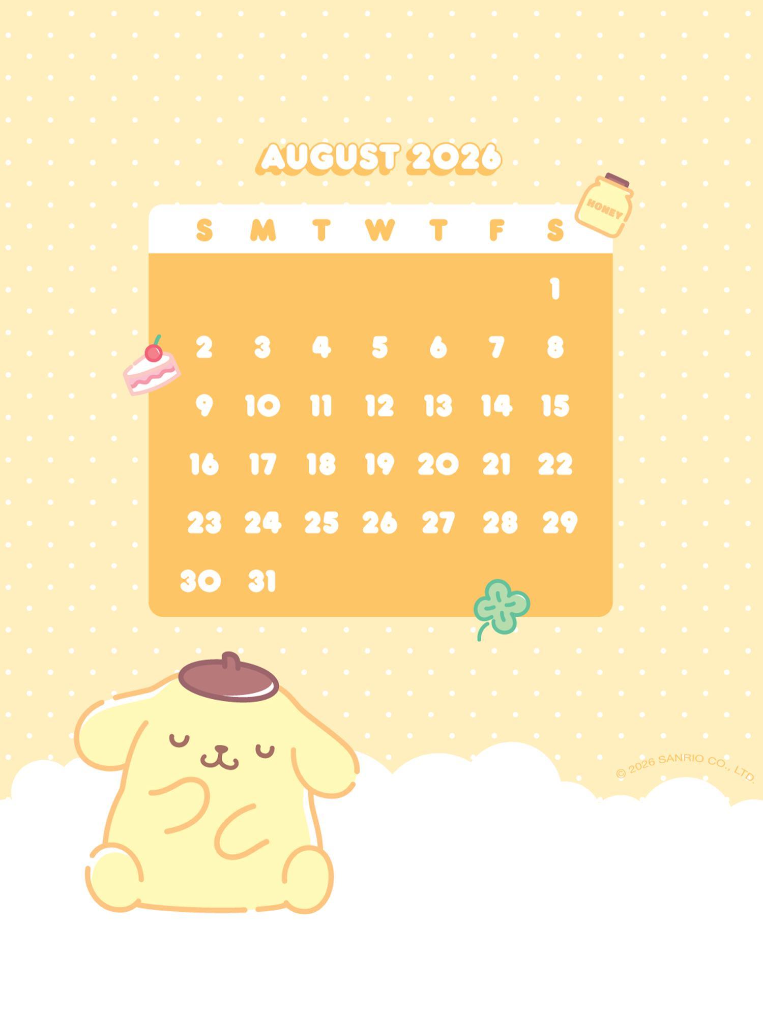 Cute calendar for August 2020 with a yellow dog character and pastel colors.