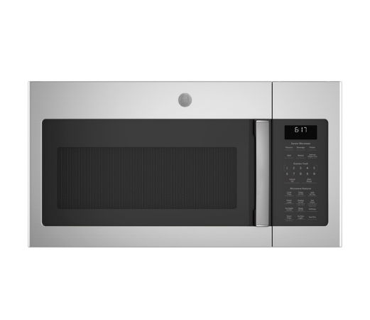 Stainless steel microwave with a black interior and control panel.