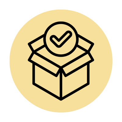 Icon of an open box with a checkmark inside on a yellow background.