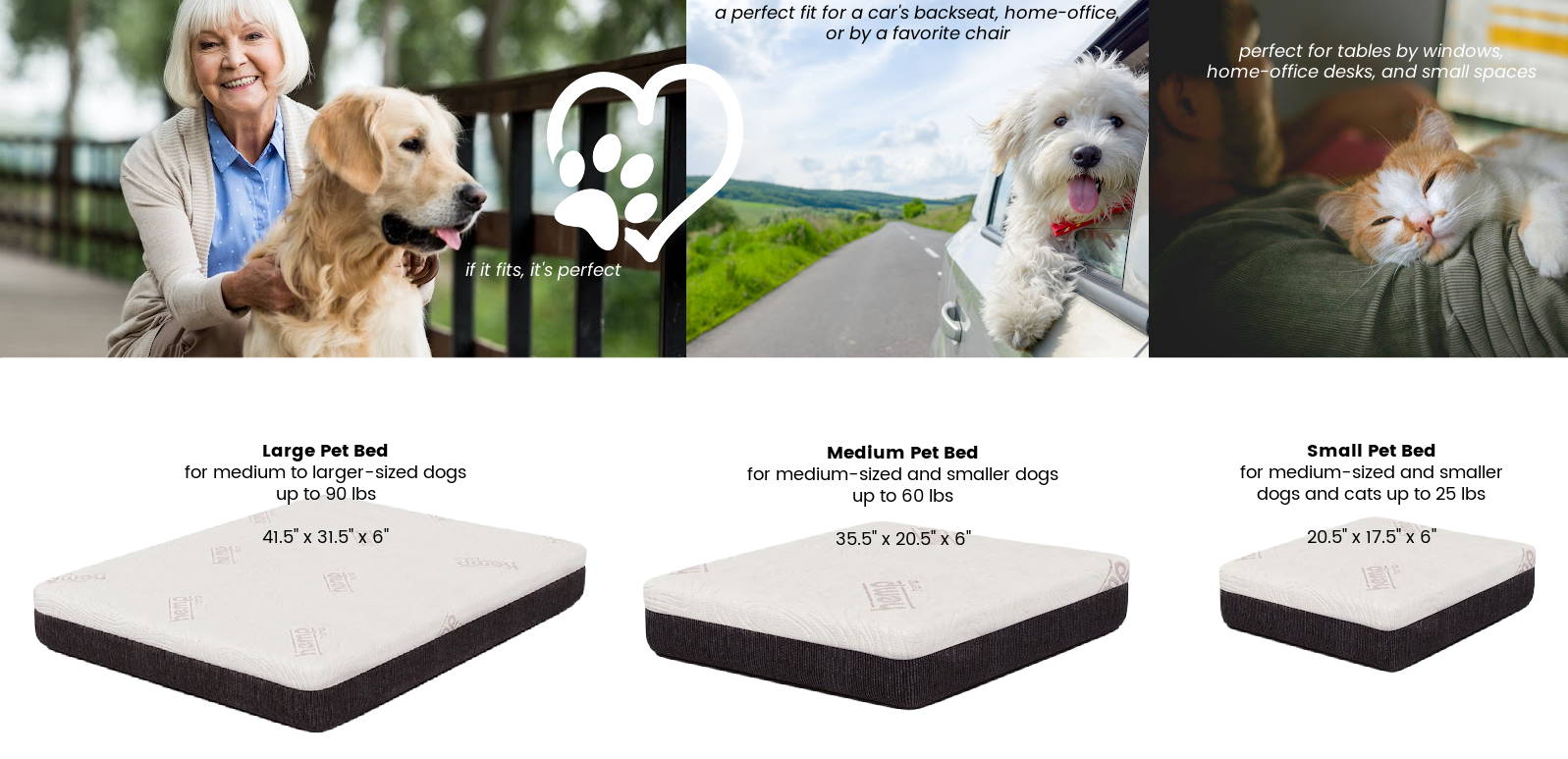 Showing large, medium and small sizes of pet beds being perfect for a car's backseat, home office, by windows, and small spaces