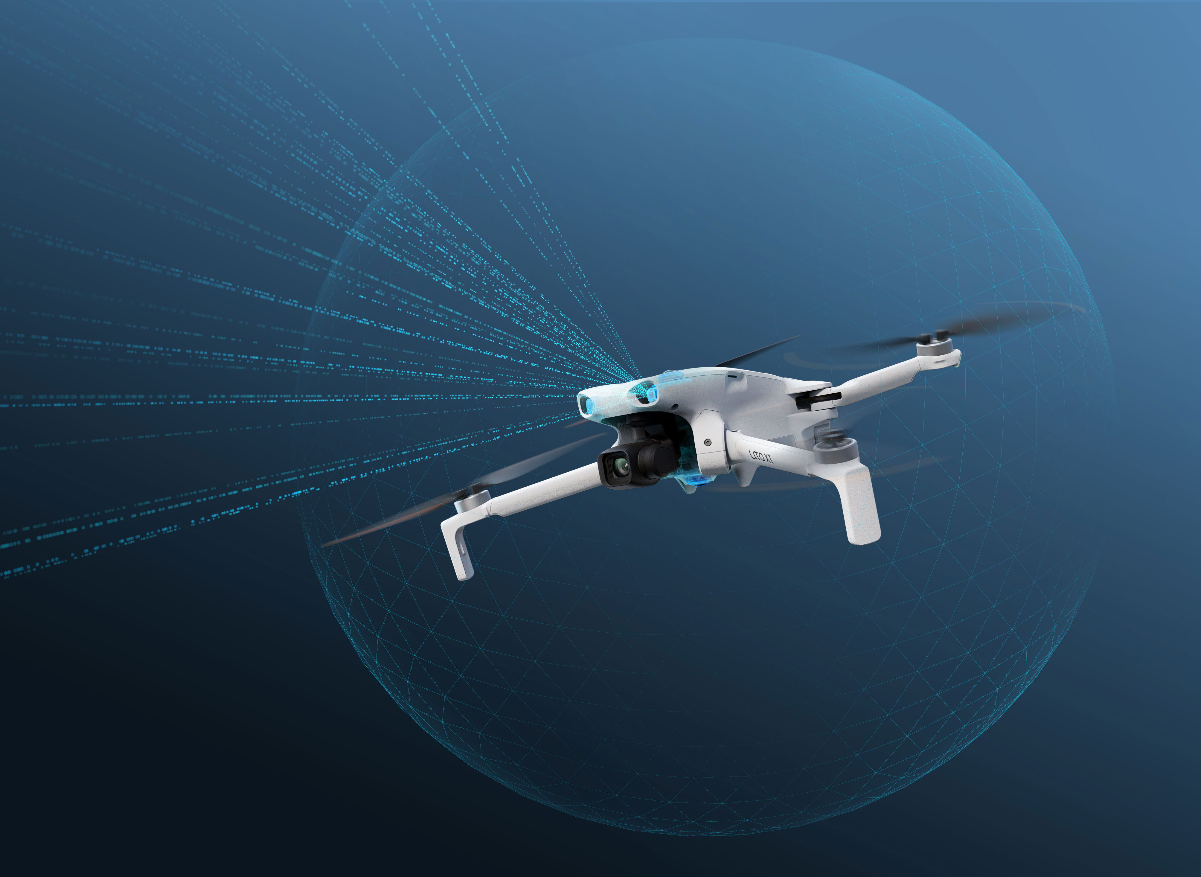 A DJI Lito X1 drone flying against a blue background with lines radiating outward.