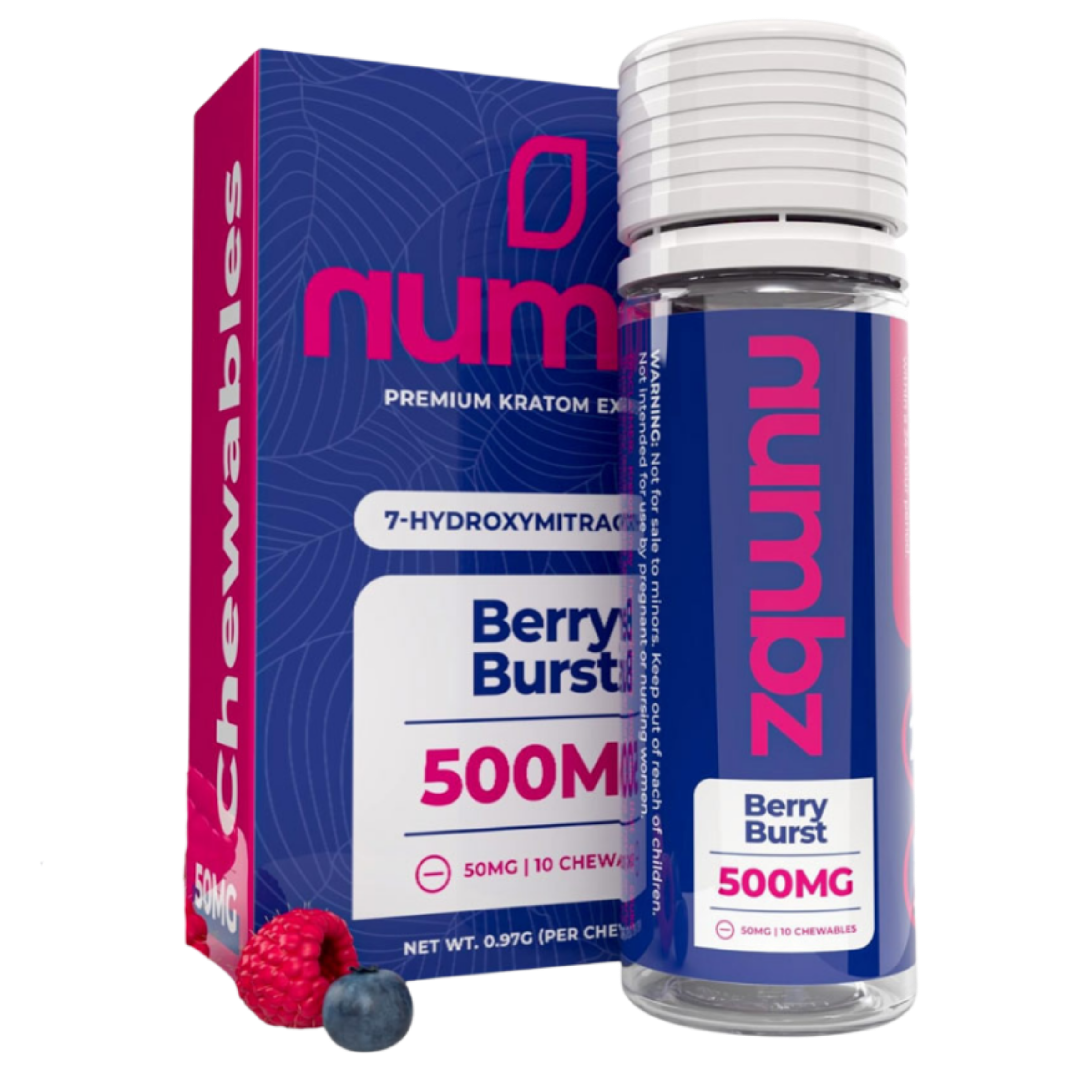 Berry Burst 500mg chewables in packaging with berries.