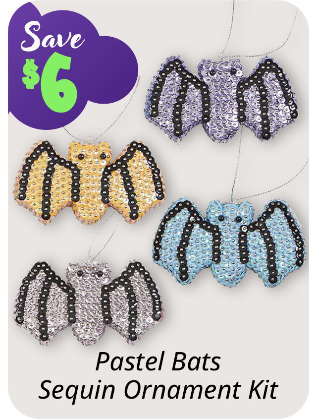 Pastel bats sequin ornament kit, four colorful bat designs with sequins. Save $6