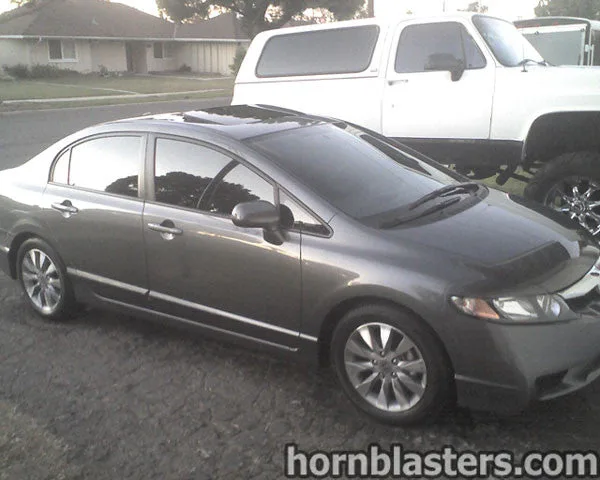 Exterior three-quarter view of Jason's 2010 Honda Civic with HornBlasters Conductor's Special 232 train horn kit featured customer install gallery photo 1