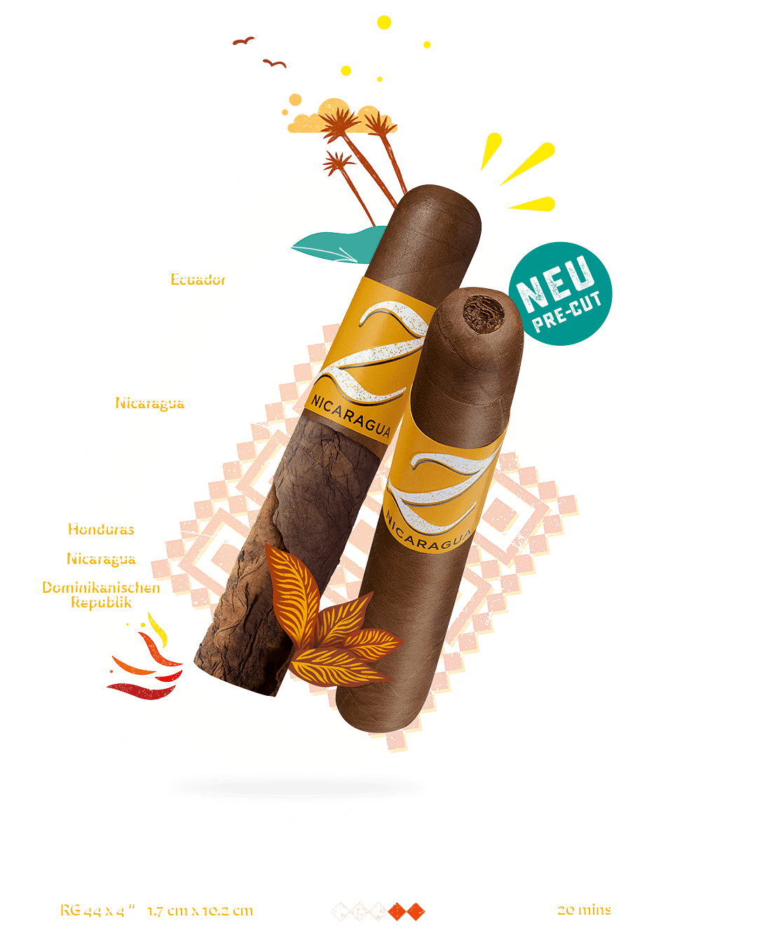 Geschmacksdetails über die Zino Nicaragua Half Corona-Zigarre mit Pre-Cut. Informationen über Tabak, Blend, Hauptaromen, Genusszeit und Intensität. 