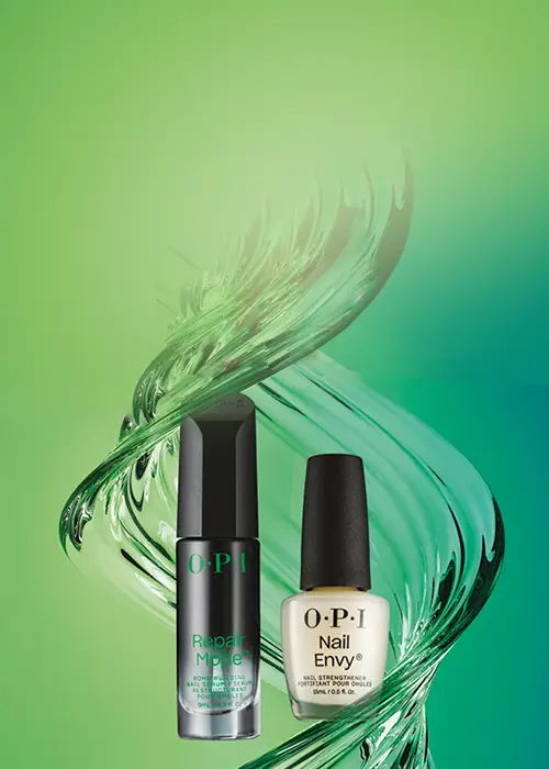Two O.P.I nail products on a gradient green background.