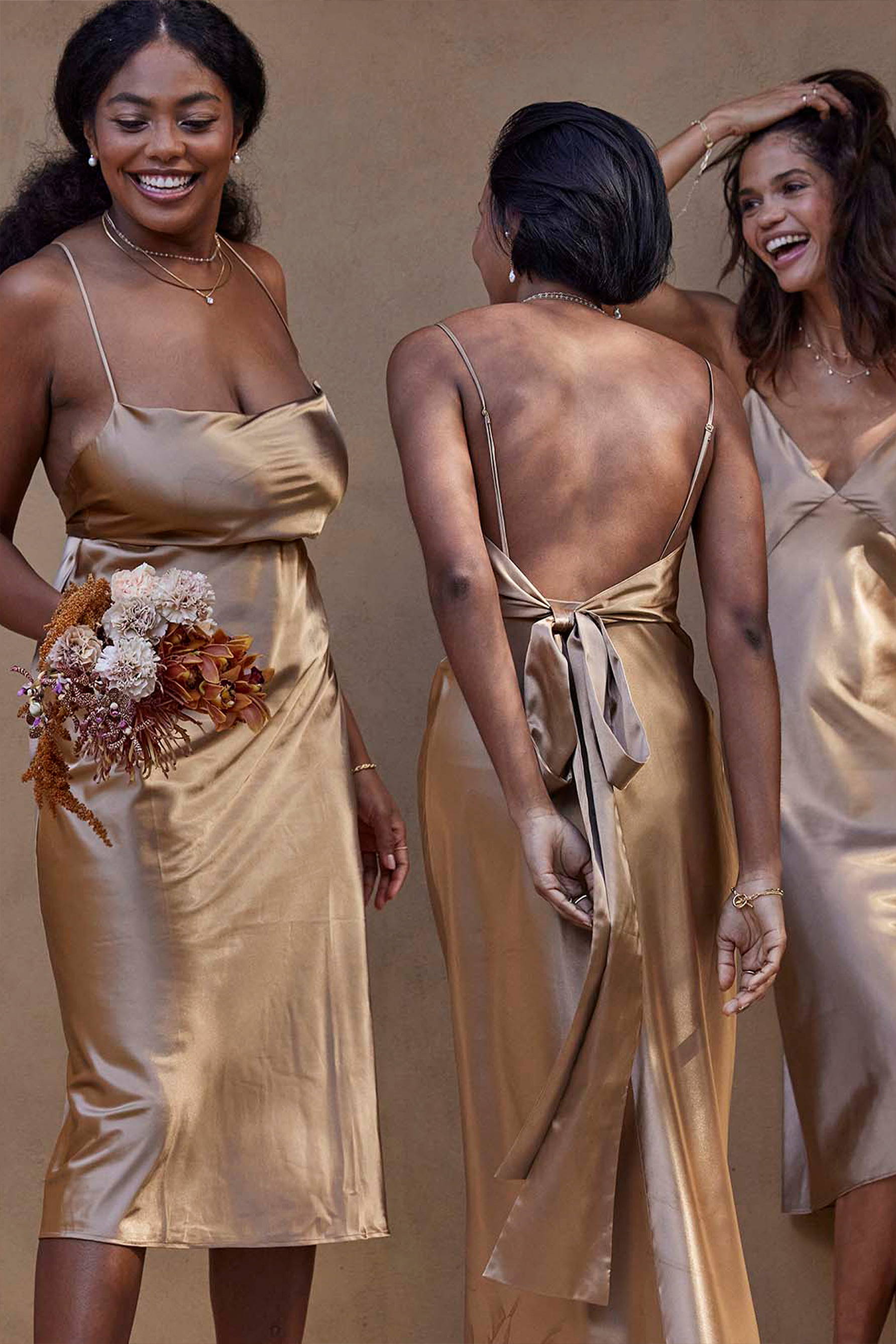 Bridesmaids in Gold Midi Dresses