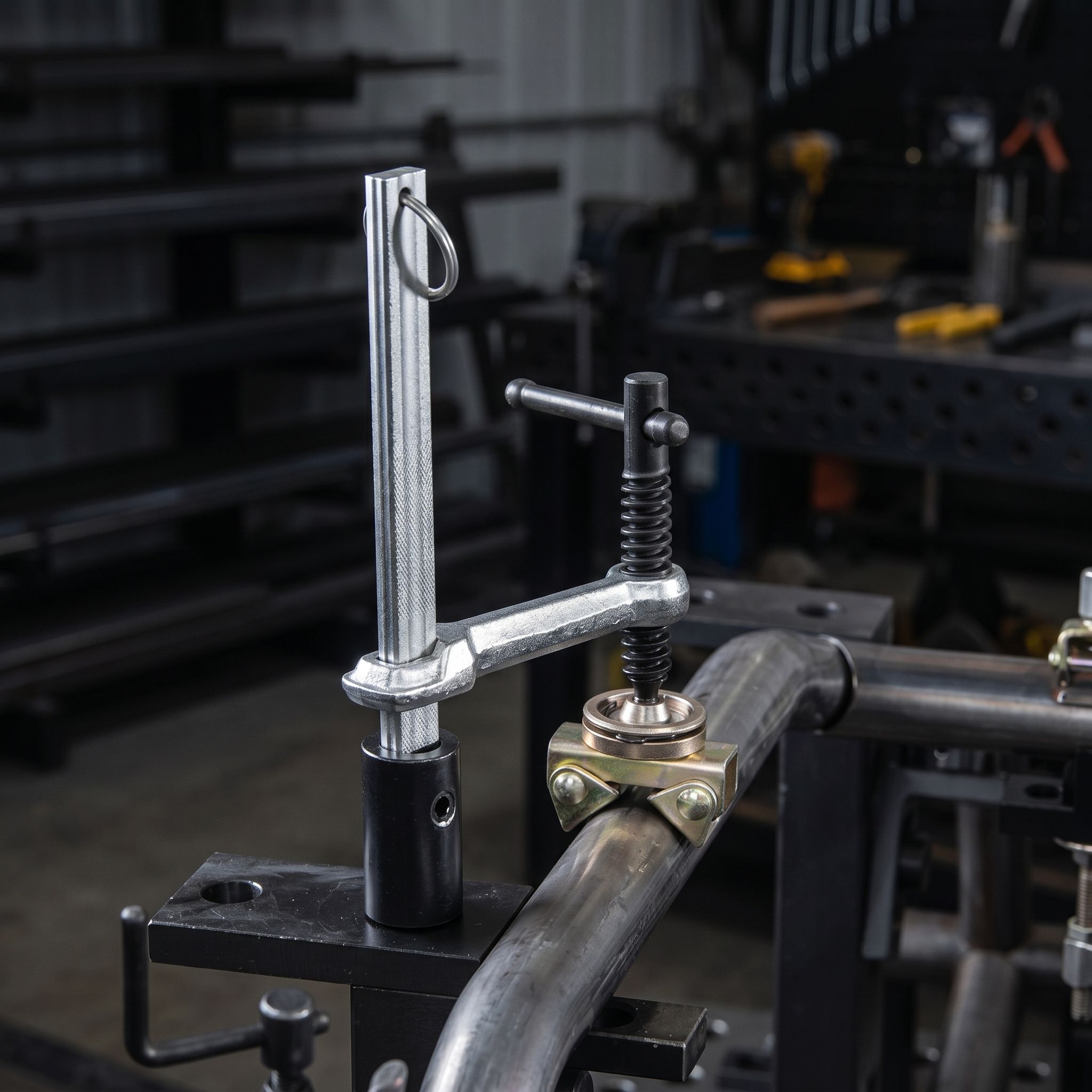 Close-up of a metal clamp and tool on a workbench.