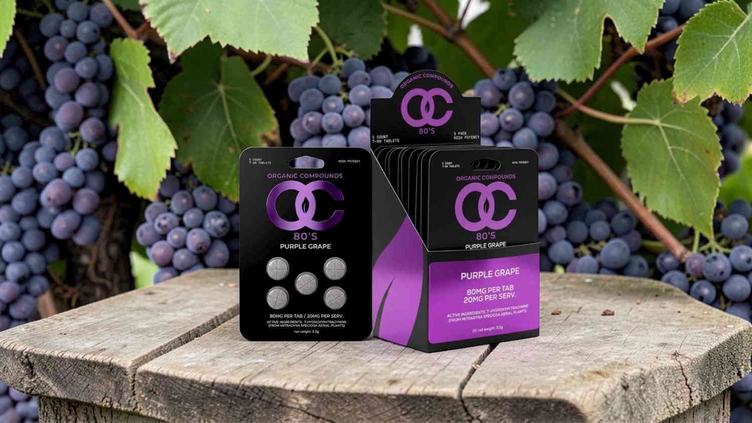 Two boxes of product on a wooden surface, surrounded by grapevines.