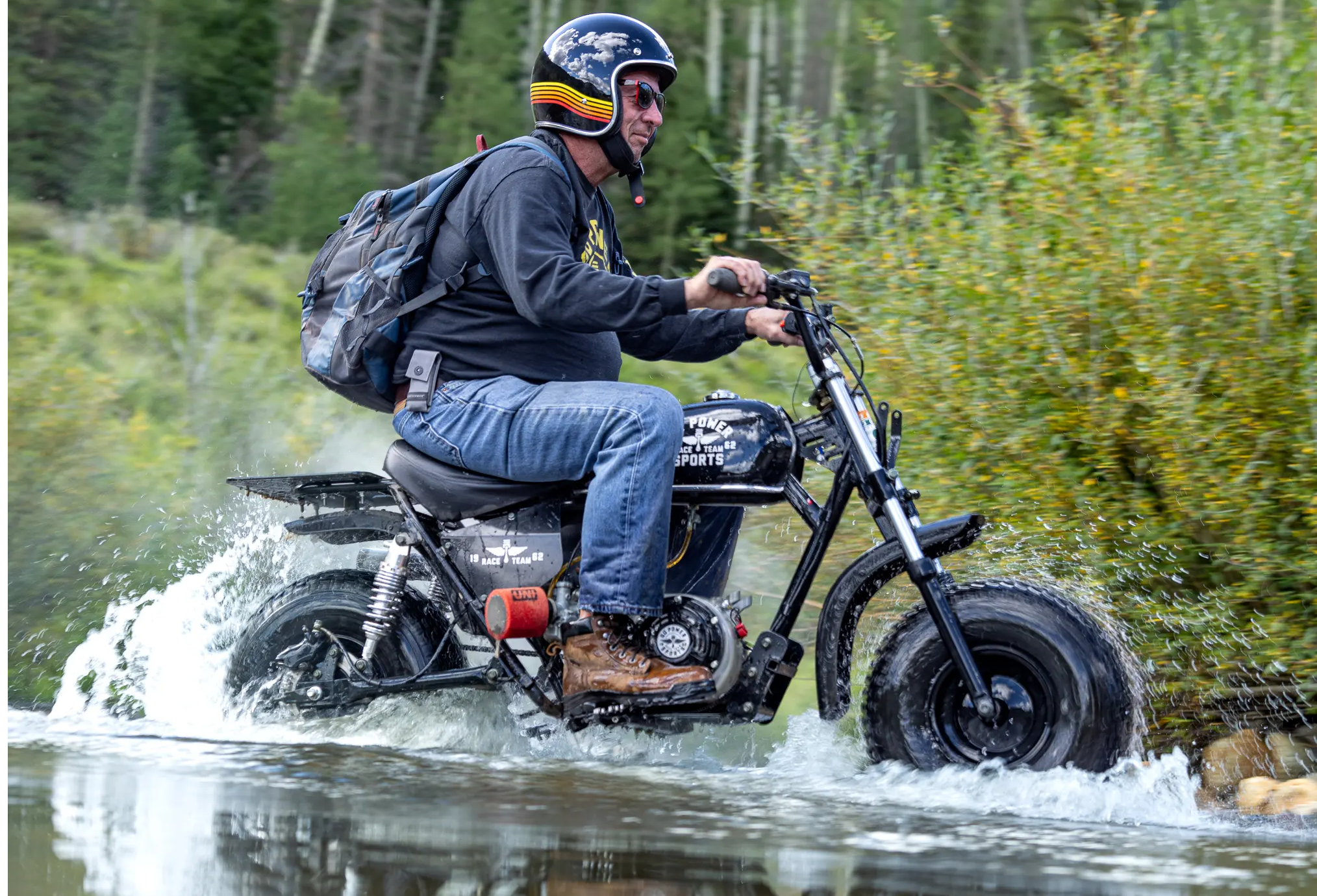 TrailMaster MB200-2 Mini Bike going through the river in the Colorado Rocky Mountains