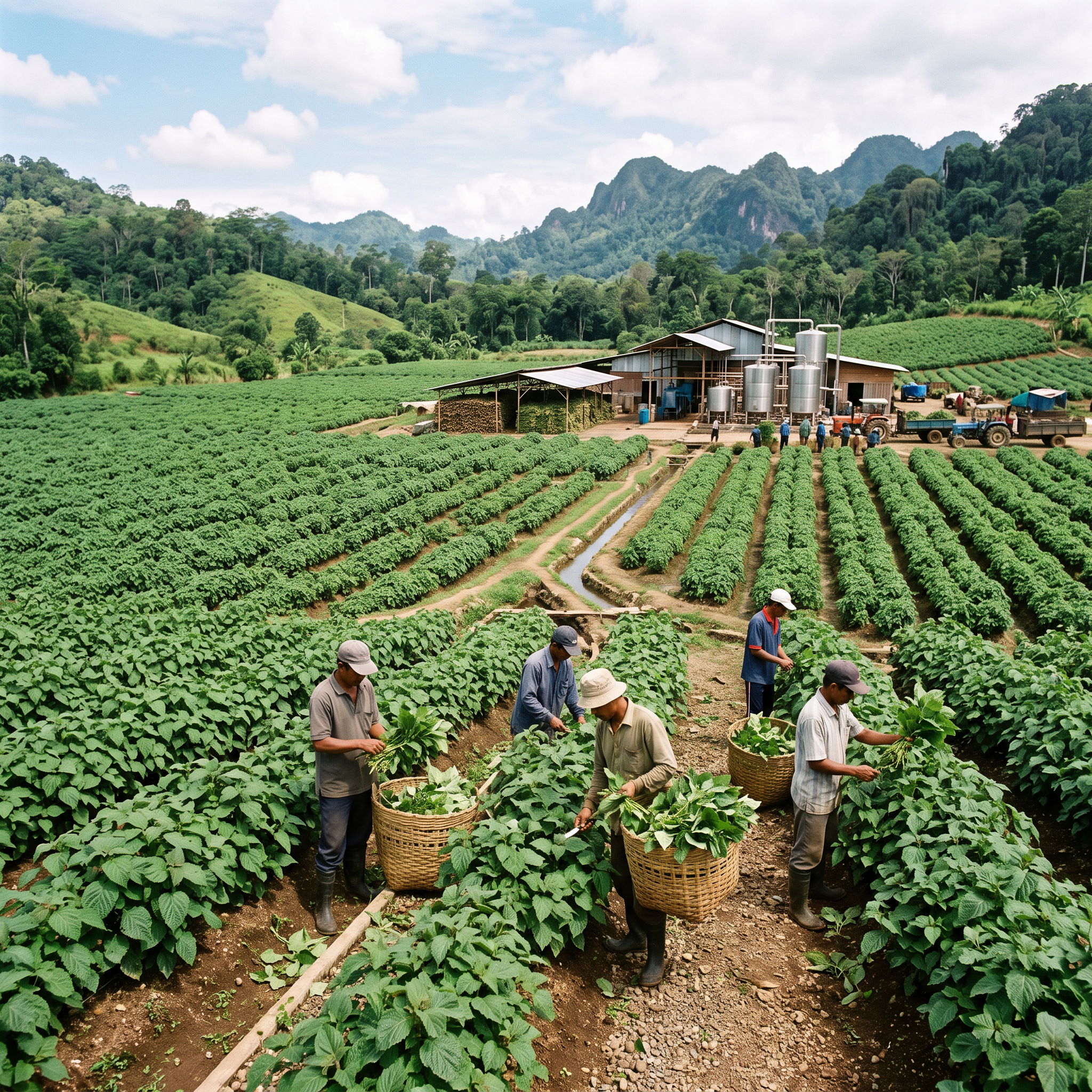 Farmers harvesting crops in a lush green field with mountains in the background.