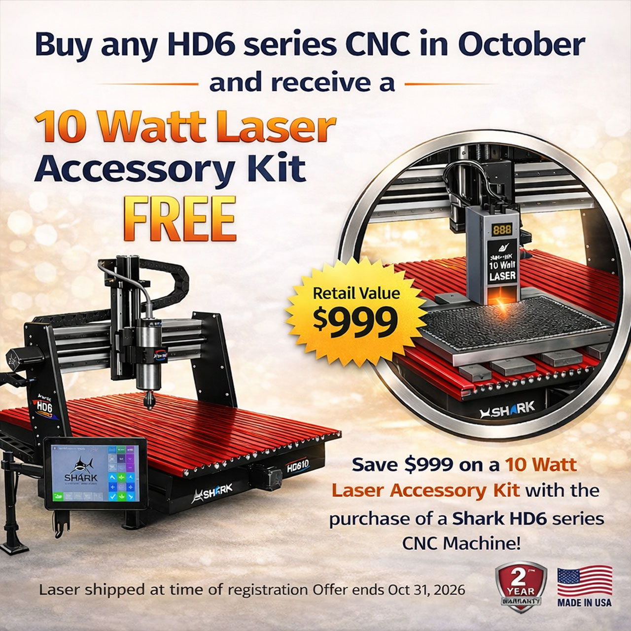 Promotional image for CNC machine purchase with free laser accessory kit offer.