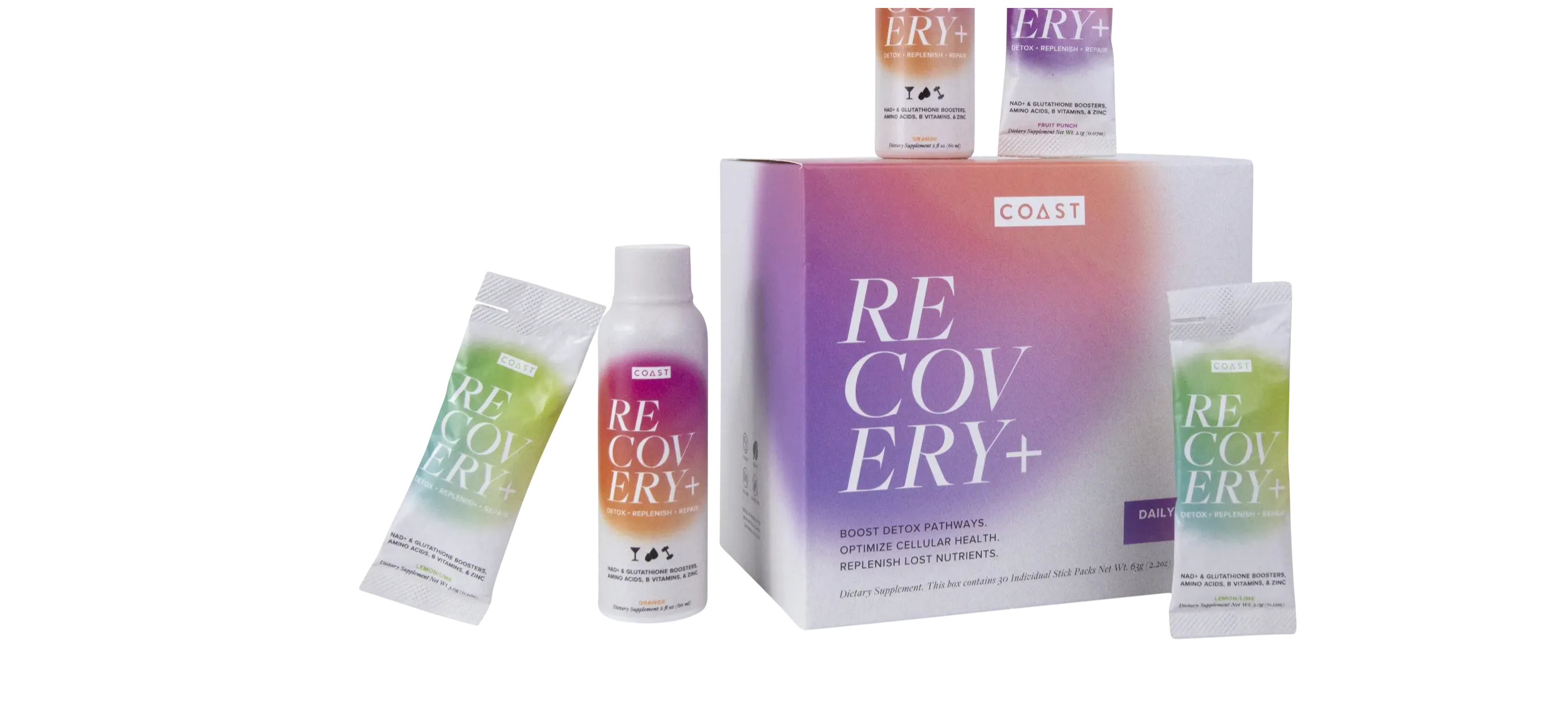 COAST Recovery+ powder sticks and shots. Daily recovery for biohacking with NAD+, glutathione, glucarate, antioxidants, B-complex, taurine, zinc. Detox, cellular optimization, replenish nutrients. Improve recovery, aid detox, optimize cellular health, energy boost.