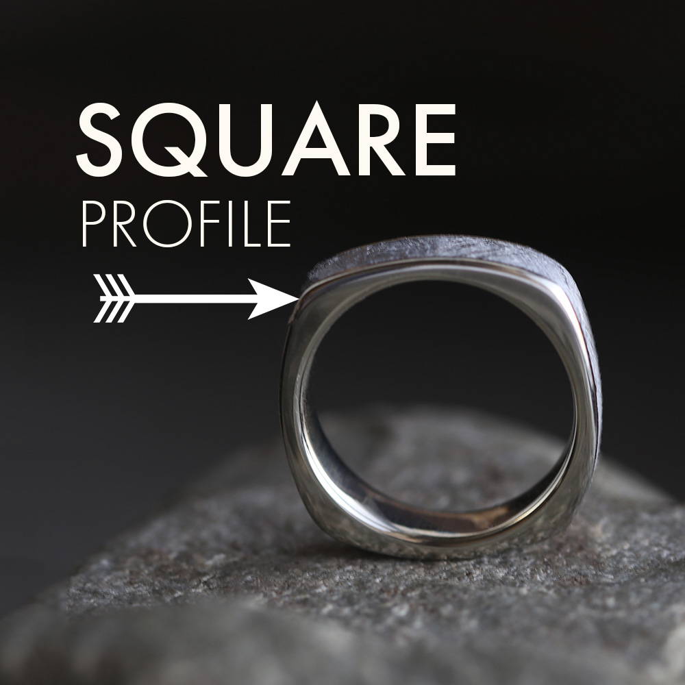 Square profile men's wedding band with meteorite