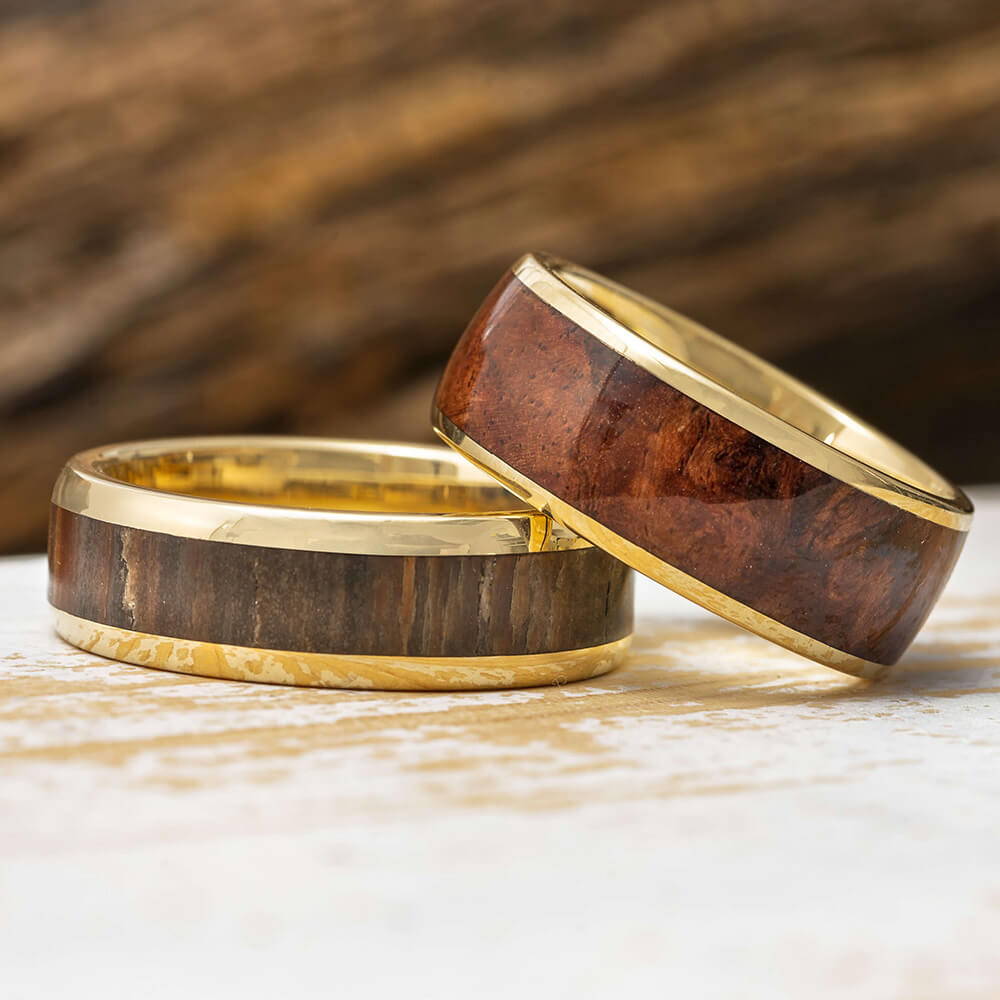 Custom Wood and Yellow Gold Wedding Bands