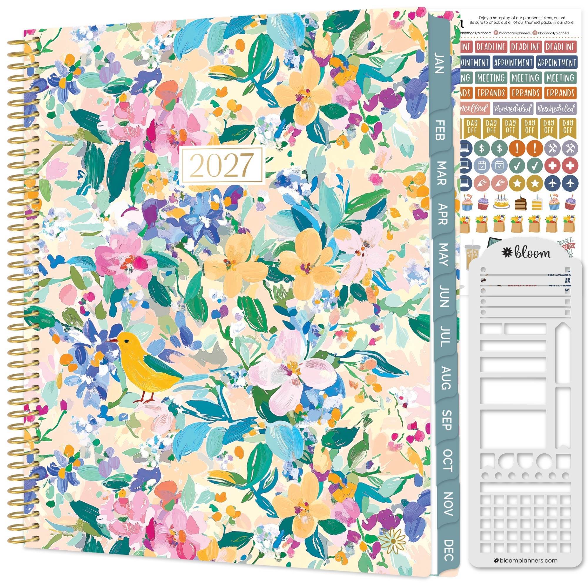 a pastel yellow, blue and pink floral planner for 2027 with a stencil and sticker sheet
