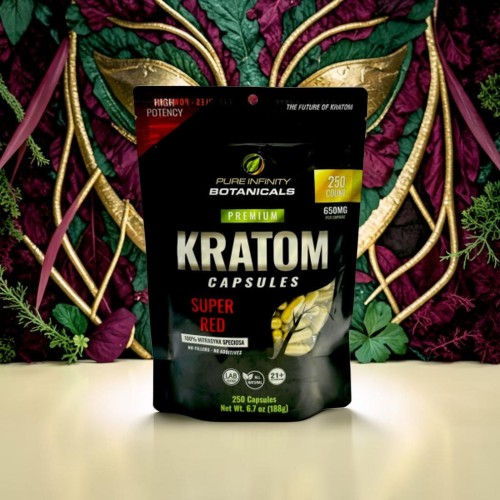 Kratom capsules packaging against a colorful background with botanical motifs.
