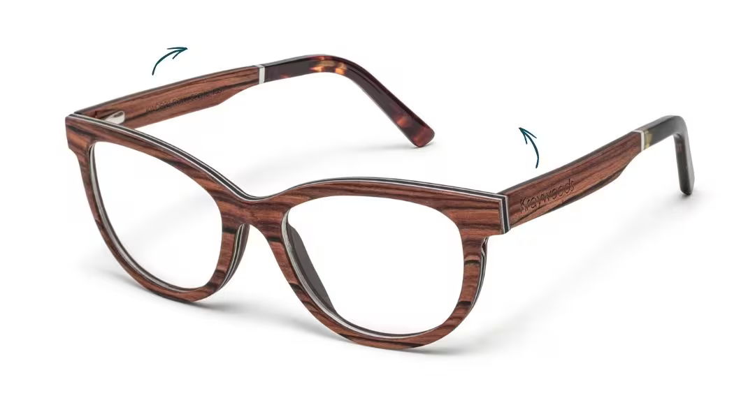 close up image showing curved temples on Charm Rose asian face eyeglasses