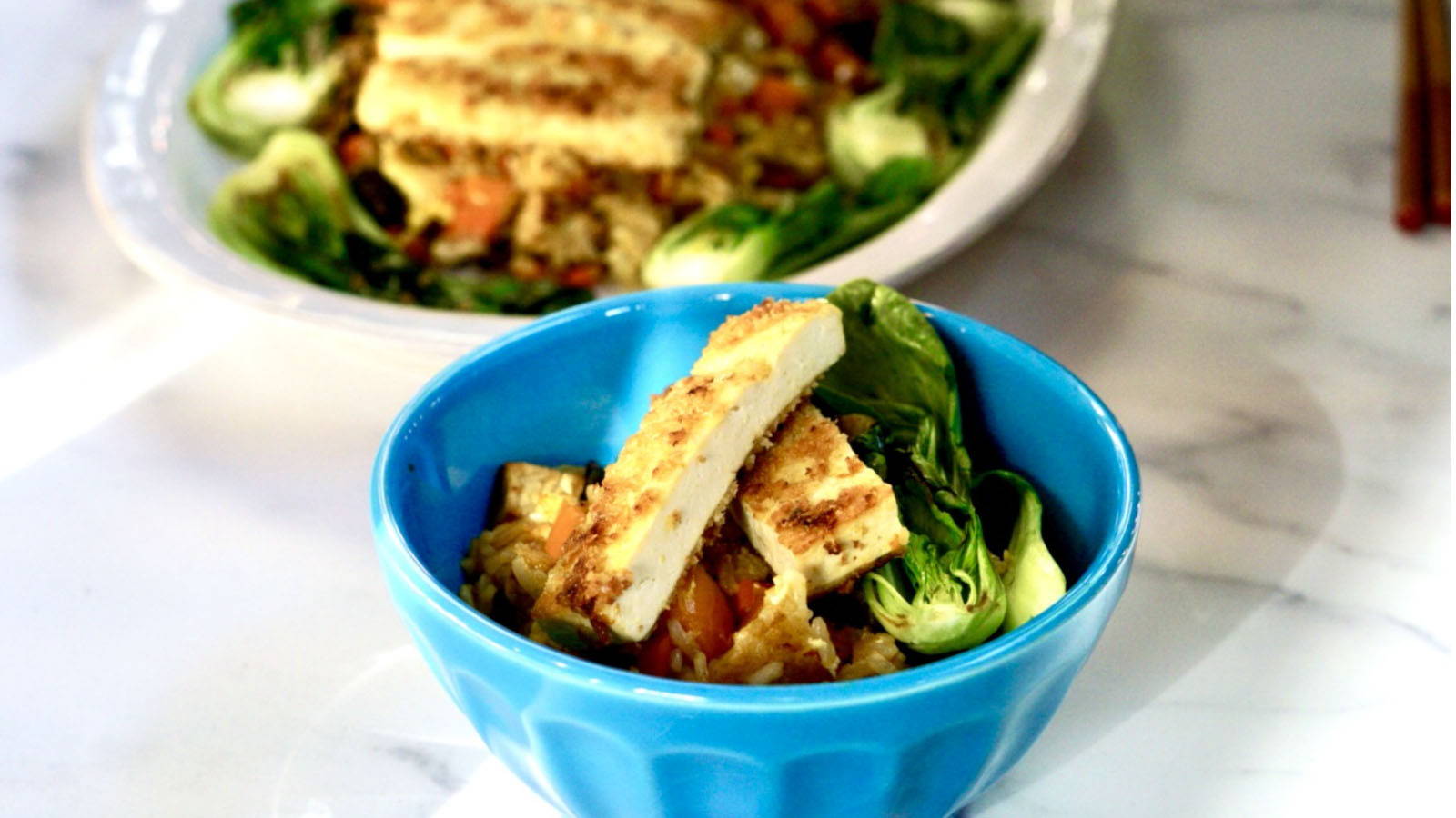 Gourmend recipe for low fodmap vegetable fried rice with tofu tonkatsu
