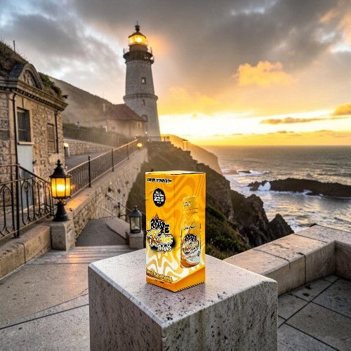 A lighthouse at sunset with a box in the foreground.