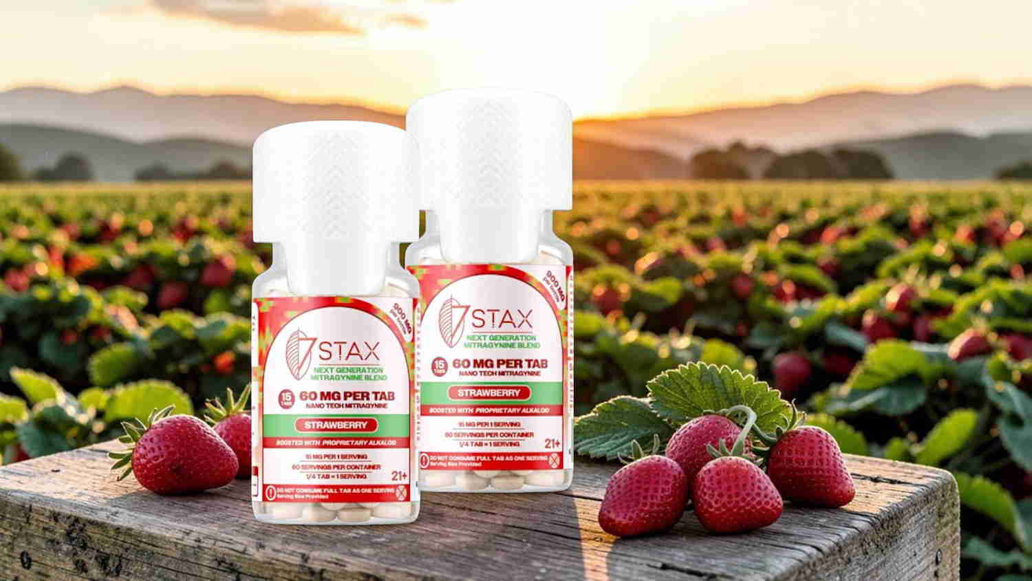 Two bottles of skincare on a stone, surrounded by strawberries and sunset.