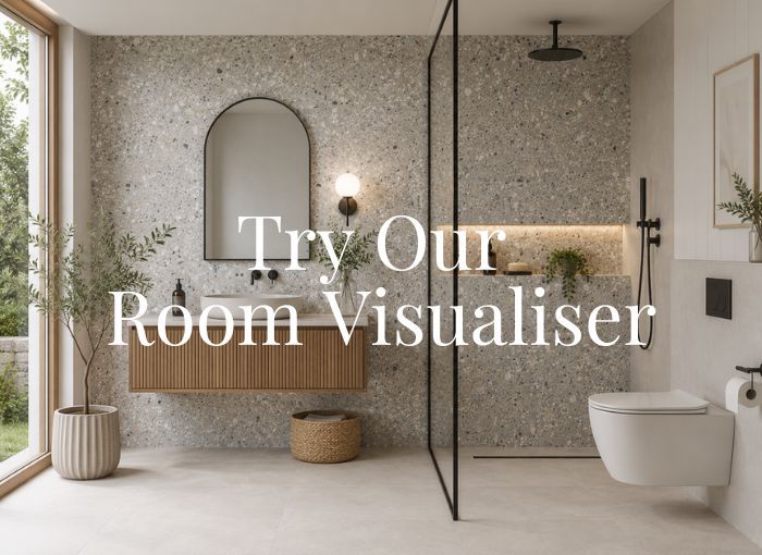 Bathroom with terrazzo effect wall tiles, wooden vanity unit, arched mirror, glass shower screen, wall-mounted toilet, and large text overlay reading 'Try Our Room Visualiser'.