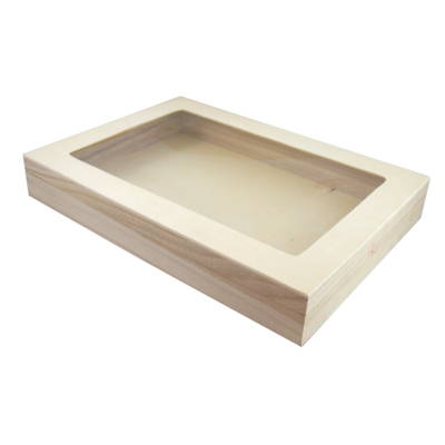 A large rectangular wooden box with a windowed lid
