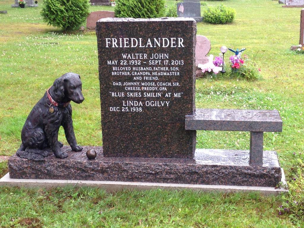 Bronze statue of a Golden Retriever dog at a gravesite cemetery